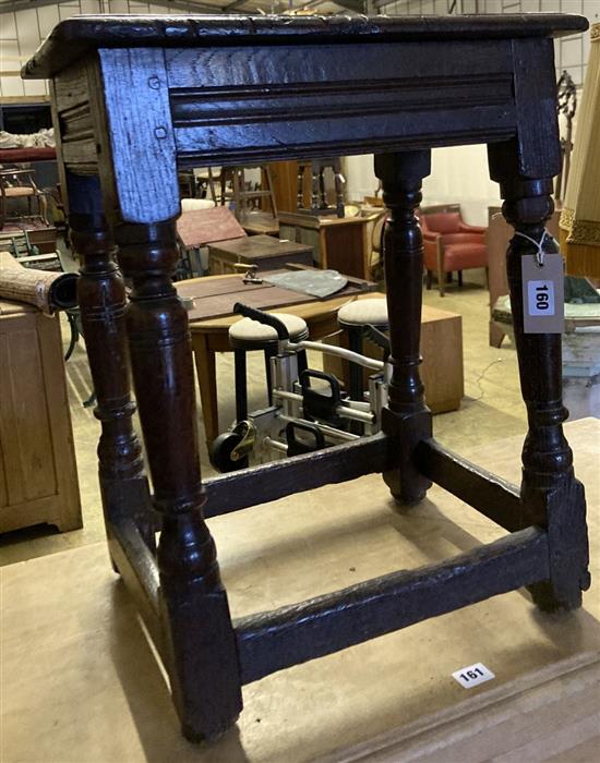 An 18th century oak joint stool, width 45cm, depth 27cm, height 55cm
